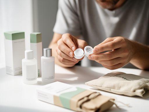 Einkäufer Luca Rohner prüft Produktproben an einem hellen Tisch mit nachhaltigen Verpackungen