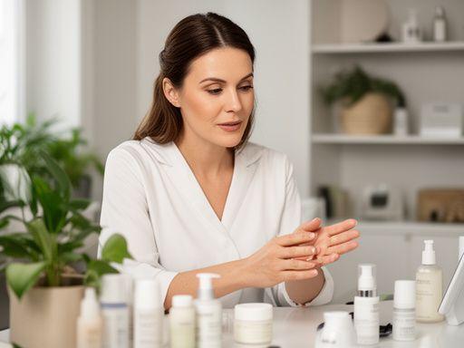 Kosmetikerin Sabine Meier in einem ruhigen Beratungsraum mit Skincare-Produkten und natürlichem Licht