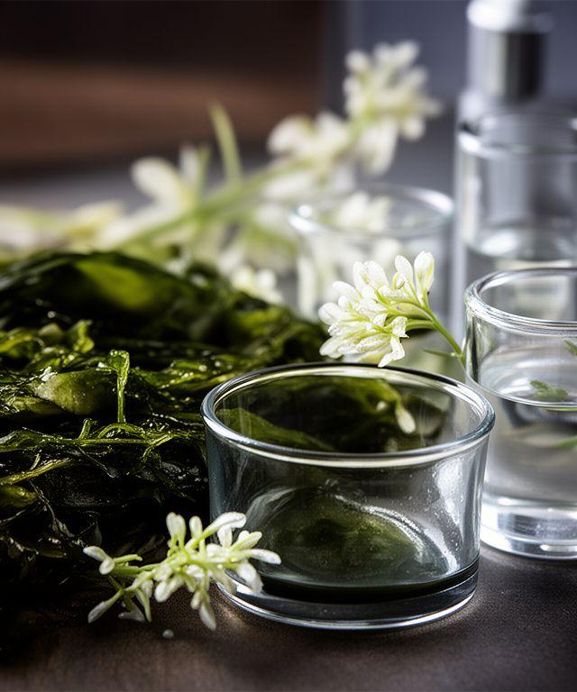 Nahaufnahme von Algen, Edelweiss und Glasbehältern auf einem dunklen Holztisch mit wissenschaftlich anmutender, sauberer Produktinszenierung