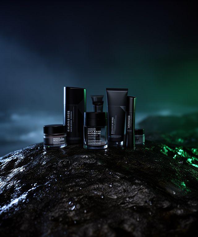 Dunkle Seren und intensives Augen-Make-up auf nassem Fels an einer Atlantikküste