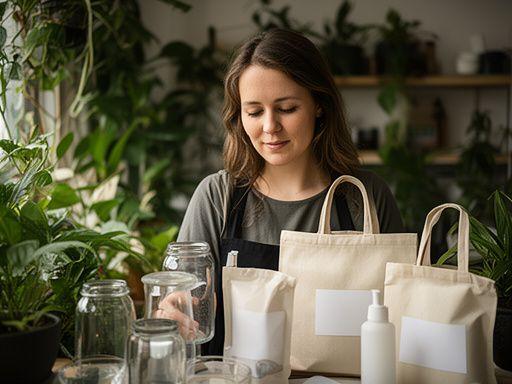 Nachhaltigkeitsbeauftragte Ela Sutter kontrolliert Glasverpackungen und Stoffbeutel in einem Studio mit Pflanzen