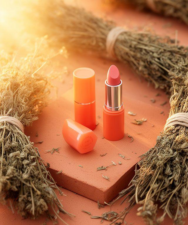 Warme Lippenfarben, Sonnenschutz und Pflegeprodukte auf Terrakotta neben mediterranen Kräutern